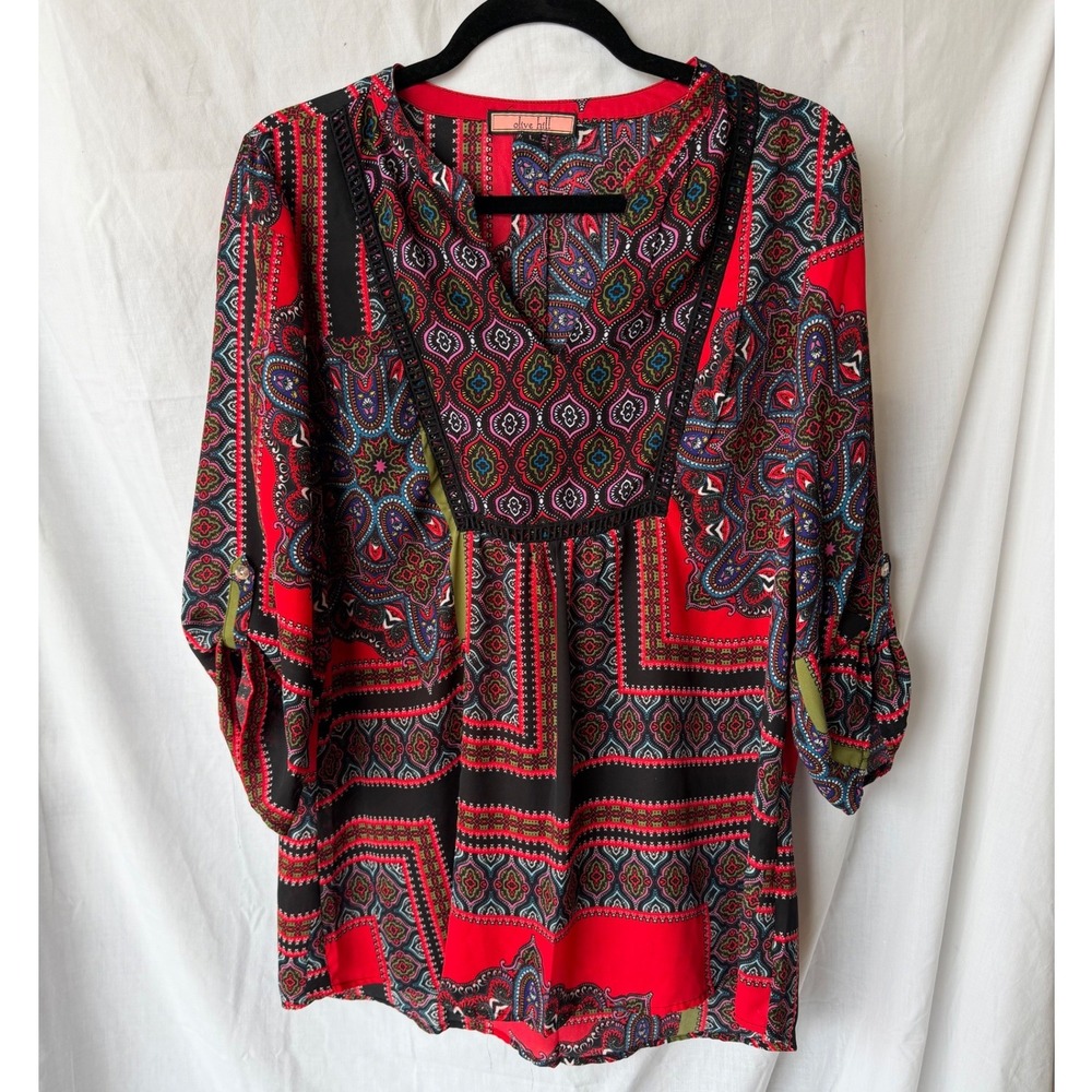 Olive Hill Blouse Red Paisley Patchwork Crochet Trim V-Neck Boho Festival Large